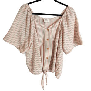 Ava James | Blush Pink, Cream, & Tan Striped Button-Front Tie-Front Boxy Top